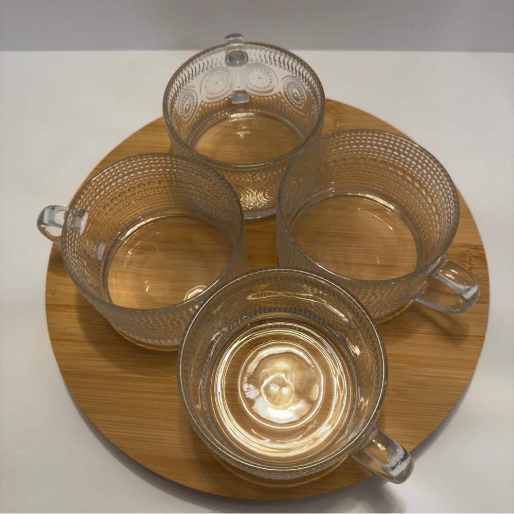 Vintage Coffee Mugs Set of 4 Embossed Glass Cups with Handle